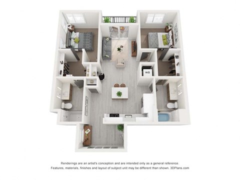 Floor plan for 2 beds, 2 baths, 976 sqft